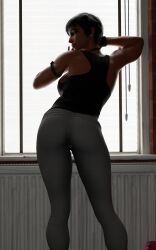 ass_focus black_hair blender blender_(software) blender_cycles dommorama ear_piercing earrings female female_focus female_only looking_at_viewer looking_back nose_bandage overwatch overwatch_2 pharah presenting presenting_hindquarters short_hair showing_off solo_female solo_focus tank_top tomboy yoga_pants