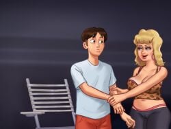 1boy 1girls 2d 2d_(artwork) big_breasts blonde_hair blonde_hair blue_eyes bra breasts brown_hair cameltoe cleavage clothed clothing crystal_(summertime_saga) darkcookie digital_drawing_(artwork) digital_media_(artwork) duo earrings female female_focus horny horny_female light-skinned_female light-skinned_male light_skin long_hair main_character_(summertime_saga) male male/female medium_breasts milf panties pants pussy pussy_lips smile smiling smirk smirking summertime_saga surprised surprised_expression underwear vagina