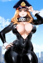 ai_generated black_bodysuit blonde_hair bodysuit brown_eyes camie_utsushimi cleavage creamy_ai curvy dark-skinned_male large_breasts my_hero_academia thiccwithaq_(ai_style) thick_thighs wide_hips