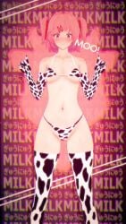 3d 3d_animation animated anna_anon cow_print cow_print_armwear cow_print_bikini cow_print_bra cow_print_gloves cow_print_legwear cow_print_panties cow_print_thighhighs cow_print_thong doki_doki_literature_club koikatsu mashirosolera natsuki_(doki_doki_literature_club) no_sound petite_body petite_female petite_girl pink_eyes pink_hair sound_request tagme video