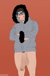 balls big_balls big_penis boner bottomless crossed_arms erection face_markings headband inuzuka_kiba jacket jacket_only male male_only naruto pantsless penis solo solo_male vikifox_(artist)