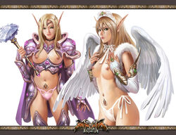 2008 angel angel_wings armor azazel_(artist) blizzard_entertainment blonde_hair blood_elf blood_elf_paladin blood_elf_priest bow breasts choker circlet elbow_gloves elf erect_nipples gloves green_eyes hammer hammer_of_the_naaru jewelry long_hair melee_weapon nail_polish nails nipples paladin_(warcraft) panties pointy_ears priest_(warcraft) side-tie_panties small_breasts thigh_boots thighhighs war_hammer warcraft weapon wings world_of_warcraft