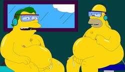 barney_gumble chest_hair chubby color cumshot day erect_nipples foreskin green_hair handjob headphones holding_penis homer_simpson human indoors lifetime male male_only masturbation multiple_males multiple_penises nipple_play nipple_tweak nude partially_retracted_foreskin penile penis sitting tagme the_simpsons tinted_eyewear uncut window yellow_skin