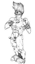 1boy artist_request erection joe_higashi king_of_fighters male male_only monochrome muscular shorts_down snk solo tagme veiny_penis