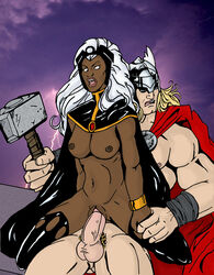 1boy 1girls 5_fingers absinthe_studios areola areolae avengers biceps blonde blonde_hair blue_eyes bottomless bracelet breasts brown_nipples cape color colored costume dark-skinned_female dark_skin female female_penetrated functionally_nude hair hairless_pussy hammer helmet holding_hands holding_object human human_only interracial light-skinned_male light_skin lightning long_hair male male/female male_penetrating male_penetrating_female male_pubic_hair marvel marvel_comics mature mature_female mature_male mjolnir mouth_open muscular muscular_male mutant navel nipples no_pupils no_underwear not_furry nude nude_female nude_male open_mouth ororo_munroe outdoors penetration penis pubic_hair pussy reverse_cowgirl_position sex shaved_pussy simple_background sitting sky stomach storm_(x-men) straight straight_hair superhero superheroine teeth testicles thighhighs thor_(marvel) thor_(series) tiara tongue uncensored vagina vaginal vaginal_penetration veiny_penis voluptuous voluptuous_female weapon white_eyes white_hair x-men yellow_hair