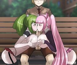 1boy 2girls aged_up ass big_ass big_breasts big_penis bisexual_(female) breasts danganronpa double_fellatio double_titfuck fellatio green_hair heavy_blush kemuri_jataro kissing necktie paizuri panties penis pink_hair pleasure_face pussy shinzu031 straight_hair titjob towa_monaca twintails utsugi_kotoko yuri