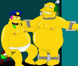 2boys arms_out balls bondage chief_wiggum chubby cmnm color comic_book_guy drunk erect_nipples fat fat_man foreskin glans green_hair human indoors jeff_albertson lifetime magenta_hair male male_only multiple_males obese obese_male overweight overweight_male partially_retracted_foreskin peeing peeing_self penis police_hat sitting small_penis tagme the_simpsons uncut underwear_only urine_stain watersports yaoi yellow_skin