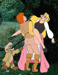 1girls 2boys animal_genitalia animal_penis blonde_hair clothed_sex clothing disney dress female flats footwear gurgi light_skin orange_hair princess_eilonwy sex shoes taran the_black_cauldron