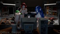 6_breasts 6_fingers 6_nipples annoyed anthro ariral ass blue_eyes blue_hair breasts clothed clothed_human clothing computer desk dr._kel electronics felid feline female fingers fully_clothed fully_clothed_human furniture genitals green_eyes green_hair group hair hi_res human humanoid_genitalia humanoid_vulva inside looking_at_another male male/female mammal multi_breast multi_nipple nipples office_depot_(artist) red_hair spread_butt spreading table voices_of_the_void vulva