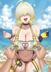 1girl ahoge ass_visible_through_thighs black_choker black_gloves blonde_hair blush breasts choker cleavage clothing_cutout commentary elegg_(boom_and_shock)_(nikke) elegg_(nikke) english_commentary english_text fangs game_controller_nipples_(meme) game_controller_print gloves goddess_of_victory:_nikke gonster hair_intakes hair_over_eyes heart heart_cutout highres large_breasts long_bangs meme multicolored_hair multiple_views navel nipple_pull nipple_stimulation nipple_tweak nipple_tweak_through_clothes ocean official_alternate_costume open_mouth pointing pointing_at_self purple_eyes pussy_juice rabbit_choker rabbit_ornament see-through_clothes see-through_slingshot_swimsuit shiny_skin signature slingshot_swimsuit smile speech_bubble spoken_heart sweat swimsuit thigh_gap two-sided_gloves two-tone_hair underboob watch wet wristwatch yellow_slingshot_swimsuit