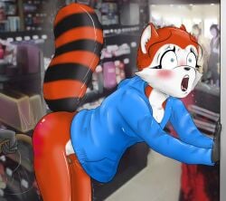ailurid anotherdragon anthro ass belt belting bent_over blue_eyes bruised bruised_butt butt_slap corporal_punishment female hi_res humiliation mammal public public_humiliation punishment raised_tail red_panda sex_shop shaking shoplifting slap solo spank_marks spank_marks_on_ass spanked_butt spanking store tail thief trembling vulva_spanking