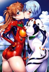 2girls adapted_costume ai_generated arm_at_side ass asuka_langley_sohryu bare_legs blue_eyes blush bodysuit bopitphy breasts brown_hair cloud couple day duo eyebrows_visible_through_hair female/female female_only grey_hair hair_between_eyes hair_ornament hairpods hand_on_hip kissing legs leotard long_hair love medium_breasts multiple_girls mutual_yuri neck neon_genesis_evangelion outdoors plugsuit red_eyes red_leotard rei_ayanami romantic romantic_couple short_hair skin_tight sky small_breasts standing teenage_girl teenager thighs white_bodysuit yuri