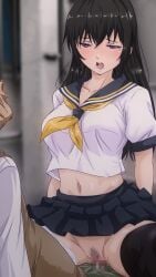 1boy age_difference belt bent_over black_hair black_skirt black_thighhighs blush bouncing_breasts breasts brown_sweater building clothed_sex clothes_lift collarbone commentary_request constricted_pupils construction_site cowgirl_position dark_alleyway dress factory female grey_pants hair_spread_out hands_on_another's_ass hands_on_another's_thighs hayashi_norika highres industrial_pipe kosokosomaru_(higashi_taishi) leaning_forward long_hair mole navel neckerchief night old old_man open_mouth original outdoors panties panties_around_one_leg pants penis pubic_hair purple_eyes pussy reverse_upright_straddle sailor_collar sailor_dress school_uniform serafuku sex shirt skirt skirt_lift straddling sweater teeth thighhighs tongue ugly_bastard underwear upper_body upper_teeth_only white_shirt yellow_neckerchief