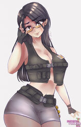 black_hair breasts female fingerless_gloves fortnite grey_eyes long_hair looking_over_eyewear looking_over_glasses midriff orange-tinted_eyewear rook_(fortnite) short_shorts sunglasses tagme tinted_eyewear vest wide_hips