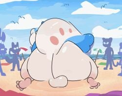 2d_animation ambient_bird ambiguous_gender animated anthro aquatic ass background_character balls beach beach_towel beach_umbrella big_butt blue_body cloud day dragon feet fin fish genitals glistening glistening_butt group hi_res huge_butt iamapoliceman kink_(kinkaxa) looking_back male mythological_creature mythological_scalie mythology nude nude_anthro nude_male parasol pink_body raised_tail sand scalie sea shaking_butt sky tail tail_fin tail_motion towel water white_body