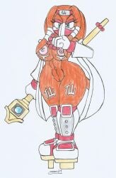 sonic_(series) tikal_the_echidna ninja ninja_girl ninja_mask ninja_headband naked_female naked_coat naked_gloves naked_stockings naked_with_shoes_on naked_sandals rosario_(object) magic_staff staff armor_plates ninjutsu miko miko_outfit shrine_maiden body_paint mobian_echidna big_breasts big_hips eyeshadow orange_hair orange_body orange_fur blue_eyes white_background traditional_drawing_(artwork) marlon64