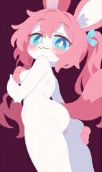 :3 ai ai-created ai_generated animal_ears animal_tail blue_eyes blue_sclera blush flat_colors from_behind from_below game_freak grabbing_own_ass hair_between_eyes hand_on_breast long_hair looking_at_viewer looking_back nipples pink_hair pokémon_(species) pokemon pokemon_(species) purple_background pussy shittyaistuff small_breasts standing sylveon twintails white_fur