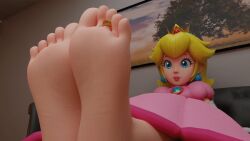 1girls 3d animated blonde_female extravehicular10 feet feet_focus footwear happy happy_female mario_(series) nintendo princess_peach soles solo_female solo_focus toe_ring toes
