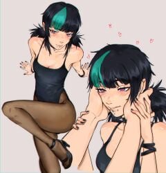 1girls black_hair blush bodysuit collar hair_highlights hands_on_head heart heels hoshi_kirara kirtome leggings lip_piercing painted_nails piercing pink_eyes sfw spike_collar tights