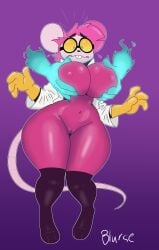 2026 absurd_res anthro blursedart breast_play breasts clothing coat disembodied_hand duo female genitals ghost hi_res lab_coat latex latex_clothing latex_skinsuit male male/female mammal muffin_(goommymuffin) murid murine nipples rodent skinsuit spirit tight_clothing topwear vulva