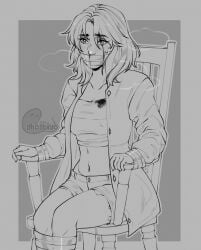 1girls blood_on_clothing blood_on_face blush blush_lines clothed crop_top duct_tape ghostiyo jacket scared shorts sketch taped_arms taped_legs taped_mouth taped_wrists tied_to_chair tied_up varsity_jacket