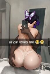 1girls ai_generated ass back backboob big_ass black_gloves bug butterfly butterfly_hair_ornament dark-skinned_male demon_slayer gradient_hair hair_ornament insect kimetsu_no_yaiba kochou_shinobu multicolored_hair panties purple_hair sitting solo topless two-tone_hair underwear underwear_only