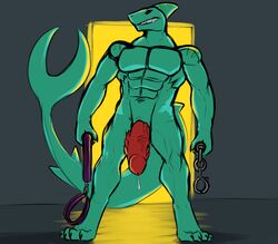 8:7 animal_genitalia big_penis collar colored_sketch dahurgthedragon doorway dripping fish genital_slit green_scales handcuffs hi_res holding_object inside male male_only marine markings muscular muscular_male navel penis precum purple_collar red_penis scales scalie shackles shark simple_background sketch slit smile solo solo_male standing stripes vein veiny_penis