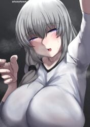 1girls alternate_version_available arm_up big_breasts blue_eyes blush breast_focus breasts female female_only grey_hair hair half-closed_eyes huge_breasts large_breasts looking_at_viewer mature mature_female mature_woman milf mother shirt smile solo solo_female steam steaming_body steamy sweat sweatdrop tomodachi_(tomofanart) topwear upper_body upper_body_focus uzaki-chan_wa_asobitai! uzaki_tsuki white_shirt