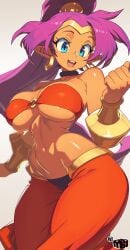1girls bare_shoulders blue_eyes dark_skin earrings large_breasts long_hair mewmaster93 navel pointy_ears ponytail purple_hair shantae shantae_(character) simple_background solo underboob wide_hips