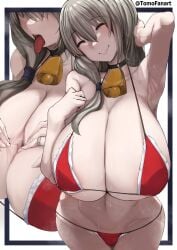 1girls alternate_costume alternate_version_available arm_up armpit armpits big_breasts bikini bikini_bottom bikini_top blush bottomwear breasts closed_eyes cowbell female female_only grey_hair hair handwear huge_breasts large_breasts mature mature_female mature_woman milf mother neckwear paizuri_invitation red_bikini ring smile solo solo_female steam steaming_body steamy steamy_armpits sweat sweatdrop sweaty_armpit swimwear tomodachi_(tomofanart) tongue tongue_out topwear uzaki-chan_wa_asobitai! uzaki_tsuki