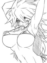 armpits big_breasts bikini black_general blush blushing breasts eyepatch female fit fit_female monochrome mugenjin nipples_visible_through_clothing official_art precarious_woman_executive_miss_black_general slender_waist small_bikini smile solo solo_female spiky_hair toned toned_female toned_stomach wide_hips