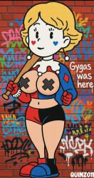 1girls ai ai_art ai_assisted ai_generated artist_logo artist_name baseball_bat batman_(series) belly_button black_eyes blonde_hair bluesky_link breasts censored_nipples crossover crossover_cosplay dc dc_comics earrings earthbound female female_focus female_only graffiti graffiti_on_wall harley_quinn_(cosplay) jester_outfit mother mother_(series) mother_2 multicolored_outfit multicolored_shoes navel ness's_mom nintendo nipple_pasties quinzo11 self_upload smile smiling standing standing_female suicide_squad wall weird_crossover