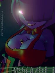 1boy 1girl1boy 3d 3d_model between_breasts big_breasts big_female_small_male bonfie bonfie_(cally3d) bonfie_(cryptia) bonfie_(cryptiacurves) bright_eyes bunny_ears bunny_teeth cleavage dark_background electric_guitar fazclaire's_nightclub female five_nights_at_freddy's fredina's_nightclub furrygtsstuff giantess guitar hair_covering_eye huge_breasts nightguard purple_eyes purple_hair purple_skin rabbit_ears rabbit_teeth red_bow shiny_eyes shrunken_male size_difference trapped_in_breasts