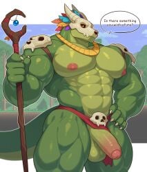 abs anthro athletic athletic_anthro athletic_male balls barazoku biceps big_muscles bone bone_mask bottomwear clothing doodledaeng english_text fur genitals green_body hand_on_hip hi_res humanoid_genitalia humanoid_penis lihzahrd lizard loincloth looking_at_viewer male mask muscular muscular_anthro muscular_arms muscular_male muscular_thighs nipples nude pecs penis reptile scalie serratus simple_background skull skull_mask solo tail terraria text triceps vein veiny_muscles veiny_penis witch_doctor_(terraria)