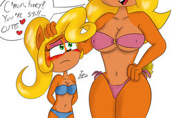 2019 2girls bandicoot big_breasts bikini blonde_hair blush breast_envy breasts clothing coco_bandicoot crash_(series) eyeshadow female female_only flat_chested furry green_eyes larger_female nipple_bulge raccoonmugen tawna_bandicoot teenager thick_thighs