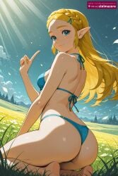 ai_assisted ai_generated ass back bare_shoulders barefoot bikini blonde_hair blue_bikini blue_eyes blush braid breasts closed_mouth cloud crown_braid day female flower from_behind grass hair_ornament hairclip halterneck index_finger_raised long_hair looking_at_viewer looking_back medium_breasts nature outdoors pointy_ears princess_zelda sitting sky smile solo stelmazura string_bikini sunlight swimsuit the_legend_of_zelda thighs zelda_(breath_of_the_wild) zelda_(tears_of_the_kingdom)