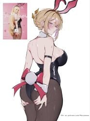 1girls animal_ears arm_strap ass ass_support bare_shoulders black_leotard black_pantyhose blonde_hair blush breasts closed_mouth evelyn_chevalier fake_animal_ears fake_tail female from_behind hands_on_own_ass highres large_breasts leotard looking_at_viewer looking_back maria_(marymeow) paid_reward_available pantyhose photo-referenced playboy_bunny purple_eyes rabbit_ears rabbit_tail revision simple_background tail thighs white_background zenless_zone_zero