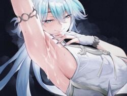 arm_up armlet armpit_focus armpits black_background blue_eyes breasts closed_mouth cum cum_on_armpits cum_on_body dress ei_(eiei_e1) female gradient_hair grey_hair hair_between_eyes heart heart-shaped_pupils highres honkai:_star_rail honkai_(series) jewelry large_breasts long_hair looking_at_viewer multicolored_hair nail_polish paid_reward_available presenting_armpit sideboob sleeveless sleeveless_dress solo sweat sweaty_armpits symbol-shaped_pupils upper_body white_dress yao_guang_(honkai:_star_rail)