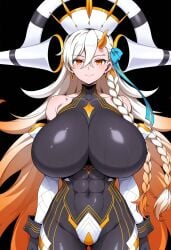 1girls ai_generated artist_request big_breasts bodysuit breasts civitai collarbone fate/grand_order fate_(series) female hair horns large_breasts light_skin long_hair milf olga_marie_animusphere orange_hair pinstripe_pattern pinstripe_suit solo suit u-olga_marie unartist white_hair