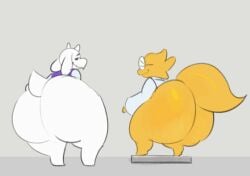 2d_animation alphys animated anthro ass big_butt boss_monster_(undertale) bottom_heavy bottomless bottomless_anthro bottomless_female bovid butt_bump caprine clothed clothing duo eyewear female floppy_ears fur genitals glasses goat horn huge_butt iamapoliceman lizard looking_at_viewer looking_back looking_back_at_viewer mammal mature_female orange_body orange_scales reptile scales scalie short_tail smile tail tail_motion teeth thick_thighs toriel undertale_(series) vulva wearing_glasses white_body white_fur