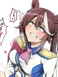animal_ears artist_request ascot brown_hair capelet commentary_request cum ejaculation epaulettes female futanari hair_between_eyes highres horse_ears horse_girl implied_futanari implied_masturbation long_sleeves multicolored_hair pink_ascot solo streaked_hair sweat teeth tokai_teio_(peak_joy)_(umamusume) tokai_teio_(umamusume) two-tone_hair umamusume upper_body white_background