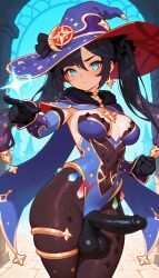 ai_generated attack big_penis black_balls black_penis condom condom_belt cuaker dungeon erection futa_only futanari genshin_impact medium_breasts mona_(genshin_impact) sagging_balls saggy_balls serious serious_face serious_look solo solo_futa