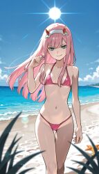 brokewyt ai_generated ai-generated uncensored zero_two_(darling_in_the_franxx) darling_in_the_franxx 1girl solo long_hair breasts looking_at_viewer smile bangs navel bare_shoulders standing collarbone swimsuit pink_hair bikini hairband small_breasts outdoors parted_lips horns sky day cloud water blue_sky ocean halterneck ass_visible_through_thighs beach thigh_gap string_bikini white_hairband sun horizon pink_bikini