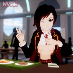 1girls 3d beacon_academy_uniform black_hair black_hair_female breasts cafeteria half-dressed half_naked half_naked_female nyahs_smut red_highlights revealing_breasts ruby_rose rwby silver_eyes solo_female winking
