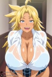 1female 1girls 2026 ahoge ai_generated artist_name big_ass big_breasts blonde_hair blue_eyes breasts cleavage covered_nipples curvy dark-skinned_female dark_skin energy_kyouka!! female hi_res high_quality high_resolution highres huge_ass huge_breasts kyouka_shiraishi long_hair looking_at_viewer open_mouth patreon patreon_username plaid plaid_skirt school_uniform see-through shiraishi_kyouka shirt skirt smile solo sweat unjobdespiert watermark wet wet_clothes wet_shirt white_shirt