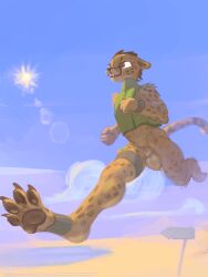 2026 4_toes 7b7a2f absurd_res animal_genitalia anthro balls bottomless brown_eyes cheetah clock clothed clothing digital_media_(artwork) digitigrade english_text feet felid feline foot_focus genitals hi_res lens_flare male mammal outside pawpads running sheath solo sweater text toes topwear turtleneck vest watch