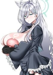 1girls ahoge animal_ears areolae black_gloves blue_archive breasts breasts_bigger_than_head bright_pupils bursting_breasts busty dress female female_only hair_between_eyes hairclip halo huge_breasts light-skinned_female light_skin long_hair looking_at_viewer massive_breasts nipples pipienpippi shiny_skin shiroko_(terror)_(blue_archive) wide_sleeves