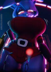 1boy 1girl1boy 1girls 3d 3d_model big_breasts big_thighs black_nails blue_hair blush bonfie bonfie_(cally3d) bonfie_(cryptia) bottle bunny_ears bunny_teeth curvy_figure fazclaire's_nightclub female five_nights_at_freddy's flashlight fredina's_nightclub furrygtsstuff giantess hourglass_figure huge_breasts looking_down micro_male nightguard red_eyes size_difference teasing