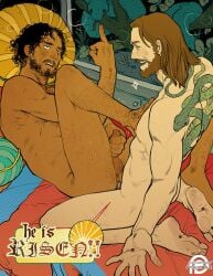 2boys 2males annoyed_expression bara barazoku bible black_hair brown_hair christianity dark-skinned_male flipping_off foot_on_chest gay gay_sex history jesus_christ light-skinned_male long_hair long_hair_male male_only masturbating_while_penetrated masturbation middle_finger missionary_position modern_au precum reapersun religion religious_references religious_symbols sacrilege sacrilegious satan satan_(christianity) snake_tattoo stigmata sweat tattoo what yaoi