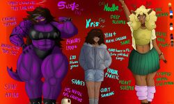 aged_up arm_tattoo cigar croptop deltarune femboy flexing flexing_bicep fluffy_hair hair_covering_eyes hair_over_eyes huge_breasts hyper_muscles kris_(deltarune) kris_dreemurr larger_female m4n model_sheet muscular_female muscular_thighs noelle_(deltarune) noelle_holiday piercing puffy_hair reference_sheet size_difference skirt smaller_male susie_(deltarune) tattoo tattooed_arm tattoos thicc thick_thighs twink undertale undertale_(series)